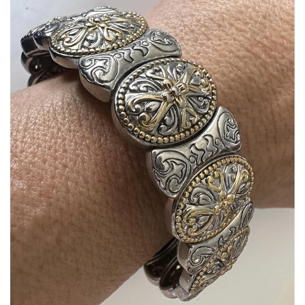 Silver Tone Gold Cross Panel Bangle Bracelet Womens 8 Inch Religious‎ Statement